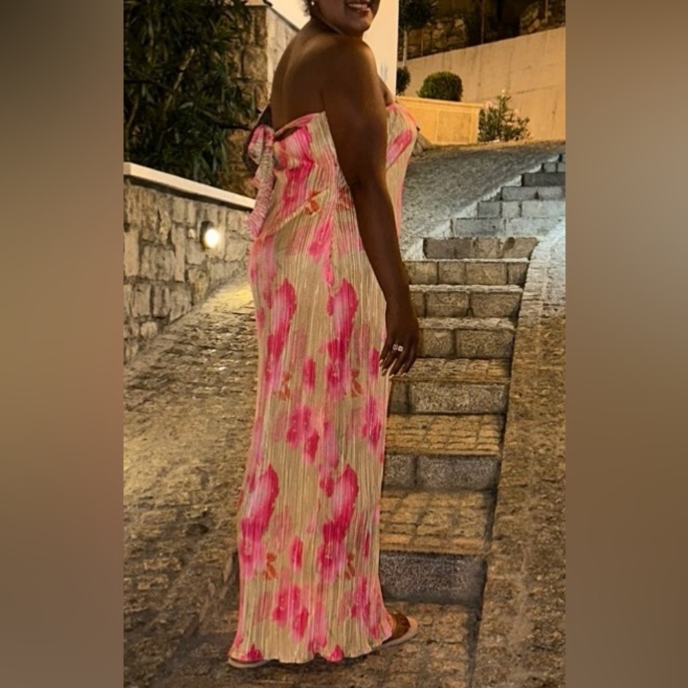 Pink Floral Pleated Maxi dress